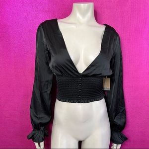 Forever21 Black Satin Sexy Smocked Long Sleeve Crop Blouse | Size M